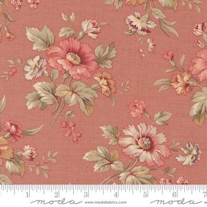 May include: Floral fabric featuring a repeating pattern of large flowers in pink, peach, and cream, set against a muted coral background. The fabric has a textured appearance and includes the text "moda" along the bottom edge.