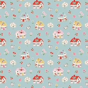 May include: A seamless pattern featuring a repeating design of small houses with different coloured roofs, birds, flowers, and berries on a light blue background.