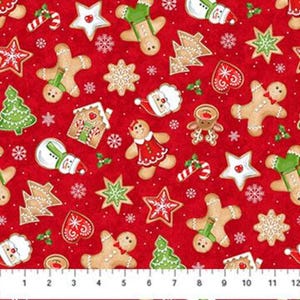 May include: Red fabric with a repeating pattern of gingerbread cookies, candy canes, snowflakes, and other Christmas-themed designs. The fabric features a variety of colours, including red, green, white, and brown.