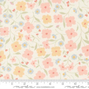 May include: Floral fabric with a cream background, featuring a pattern of pink, yellow, and blue flowers with green stems and leaves. The fabric has a ruler along the bottom edge.