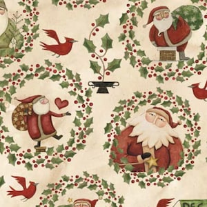 May include: A repeating pattern featuring Father Christmas figures, red birds, and holly wreaths with red berries. The Father Christmas figures are in red suits with white beards and hats. The background is cream-coloured.