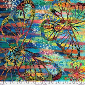 May include: Abstract colourful butterfly design with a blue, green, and yellow background. The butterflies are outlined in black and have intricate details. The background is covered in small white dots.