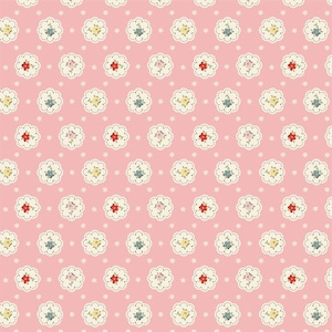May include: A seamless pattern featuring a pink background with white, yellow, red, and blue floral designs. The flowers are arranged in a repeating pattern, creating a delicate and feminine aesthetic.