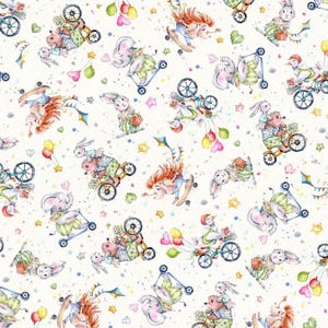 May include: A watercolour illustration featuring a variety of animals riding different modes of transport. The animals include a hedgehog, elephant, rabbit, and bear. The transport includes a scooter, skateboard, bicycle, and tricycle. The background is white with colourful confetti and hearts.