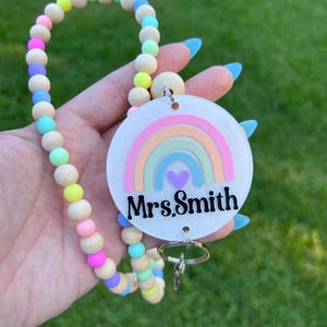 Personalized beaded lanyard with a white acrylic tag, teacher lanyard,pastel rainbow lanyard, wooded beads,acrylic bead,badge holder, gift