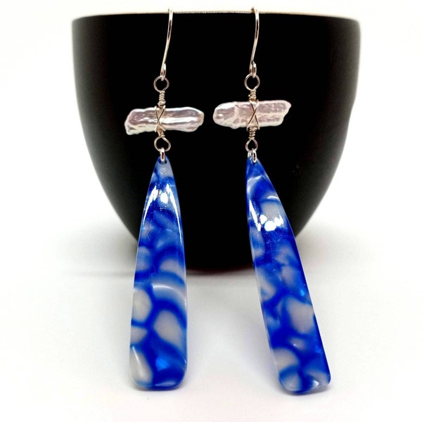 Royal Blue, Pearl, Silver and Acrylic Lightweight Dangle Earrings, OOAK, Boho, Fun Jewelry,