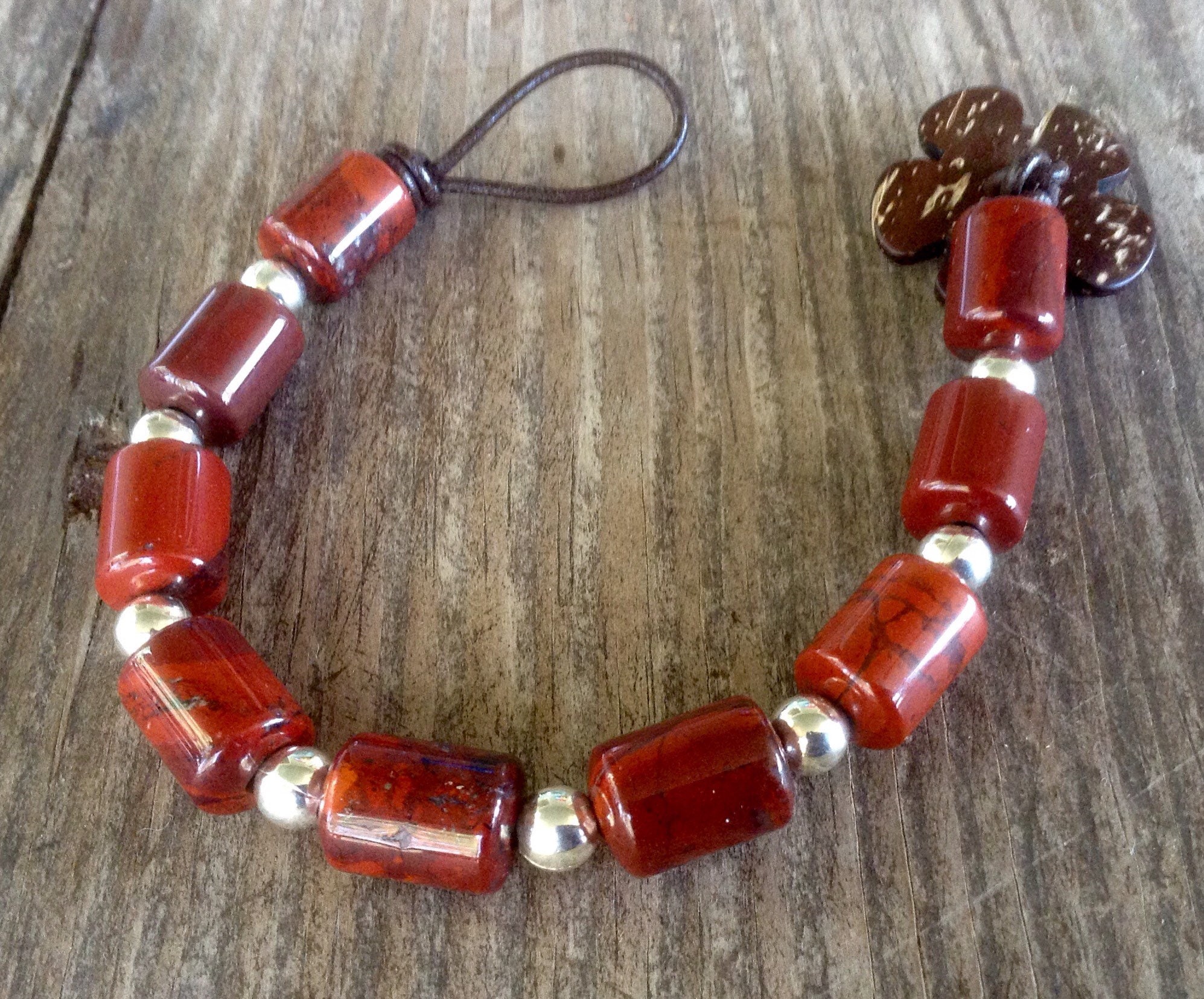 Chunky Red Jasper Stone Bracelet, Sterling Silver & Leather Bracelet