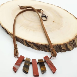 Red Jasper Tiger Eye Leather Necklace: Boho Gemstone Stick Pendant