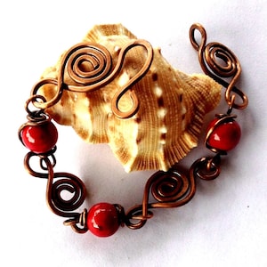 Red Coral Copper Spiral Bracelet: Hand Forged Boho Jewelry
