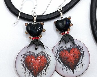 Gothic Heart Charm Black Lampwork Glass Earrings, Red Crystal Accent, Artisan Enameled Statement Jewelry