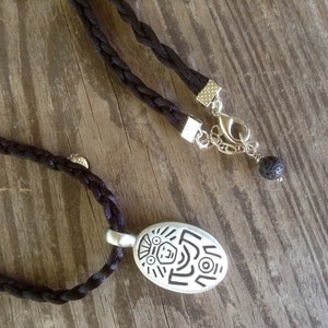 Pewter Tribal Pendant Necklace on Black Braided Satin Cord, Necklace with Black Etched Pewter Pendant, Aromatherapy necklace, 32&quot; Boho style
