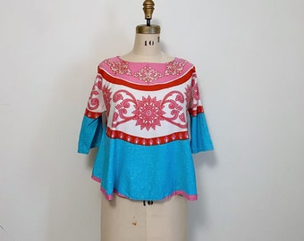 1970s Pink and Blue Hippie Top Size Small/Medium