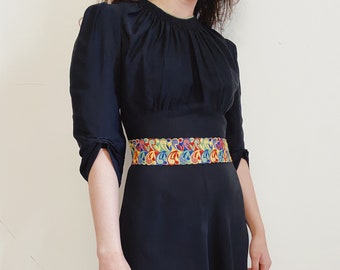 1930s Black Rayon Dress with Folk Design 28" Waist