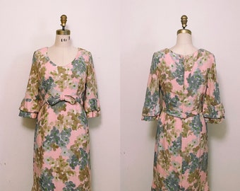 1960s Floral Watercolor Cotton Dress with Ruffles Size Medium