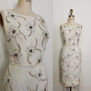 1960s Marilyn Monroe Style Ivory Beaded Cocktail Dress • Vintage Sequin Sheath with Triple Strap Back • XS/S Bridal or Party Dress