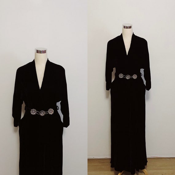 1930s Black Velvet Gown by Robert Rosenfeld with R
