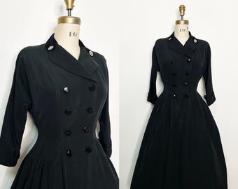 Late 1940s / Early 1950s Black Taffeta Dress • Dior New Look Style • Handmade Double Breasted Fit & Flare with Velvet Collar