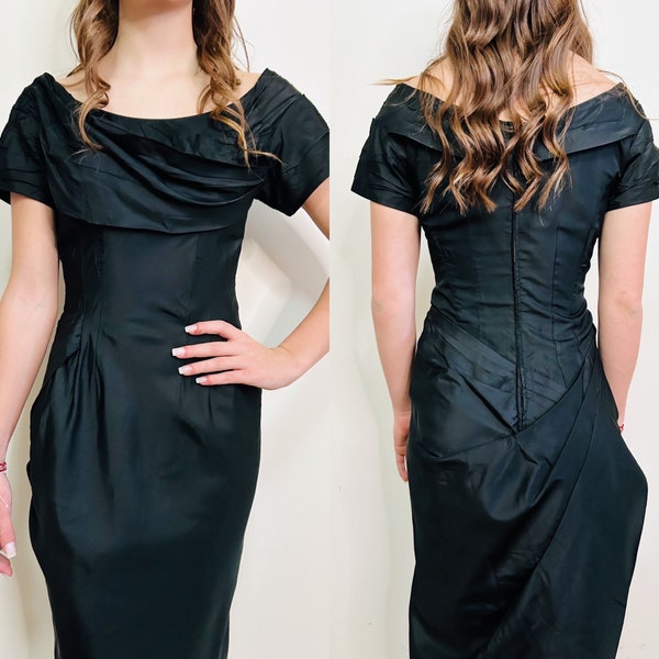 1950s Ceil Chapman Draped Silk Satin Cocktail Dress 27" Waist