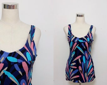 1960s Purple Pink Blue Low Back Built in Cone Cup One Piece Swimsuit Bathing Suit Size Medium