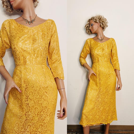 1950s Yellow Lace Dress 25 Waist Ivory Satin Underlay - Etsy