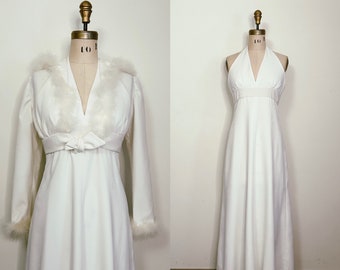 1970s White Polyester Halter Dress with Matching Marabou Fur Hooded Jacket Size Small