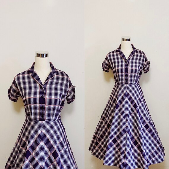 1950s Blue Plaid Fit and Flare Office Dress - Size