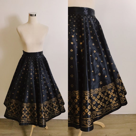 1950s Black and Gold Satin Circle Skirt | 50s Rock
