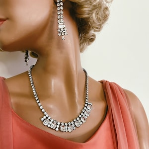 1950s Rhinestone Necklace & Drop Earring Set