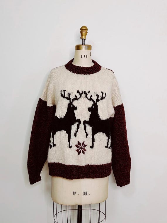 Vintage 1980s Handgestrickter grobstrick Wolle Pullover in Creme