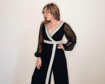 Jaren 70 zwarte gastvrouw jumpsuit met zilveren rand doorschijnende mouwen Disco glamour I Dream of Jeannie Palazzo jumpsuit medium large Vintage Canada