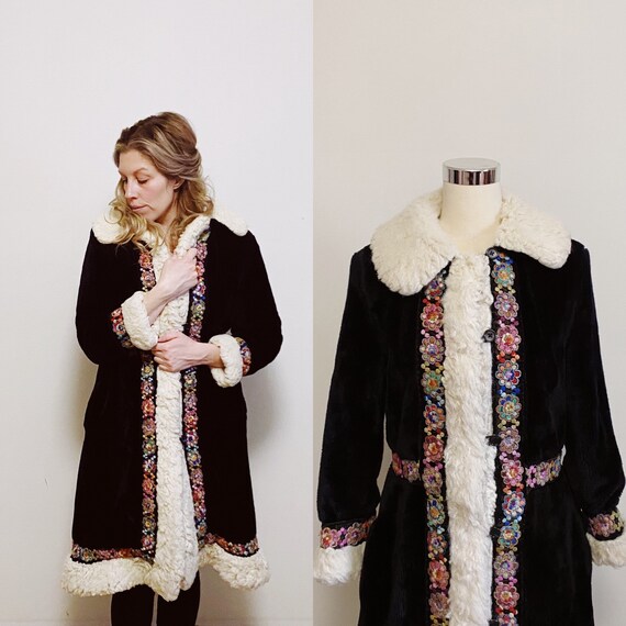 1970s Bohemian Faux Shearling Embroidered Coat Siz