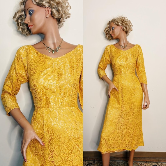 1950s Yellow Lace Dress 25 Waist Ivory Satin Underlay - Etsy 1950s Yellow Lace Dress 25 Waist Ivory Satin Underlay - Etsy