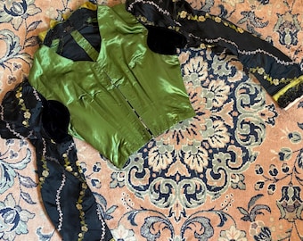 Blusa de satén de seda con corpiño de la década de 1890, talla XS / Top de noche victoriano eduardiano / Corpiño antiguo bordado con mangas abullonadas / Blusa de ópera de la Belle Époque