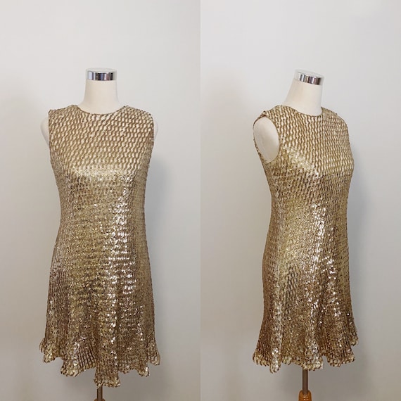 1960s Anne Fogarty Gold Sequin Mesh Dress