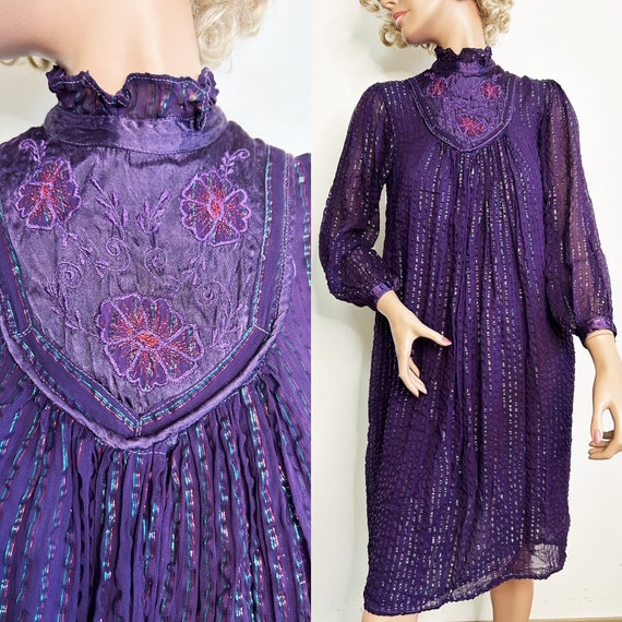 1970s Metallic Indian Cotton Dress Size Small - image 1