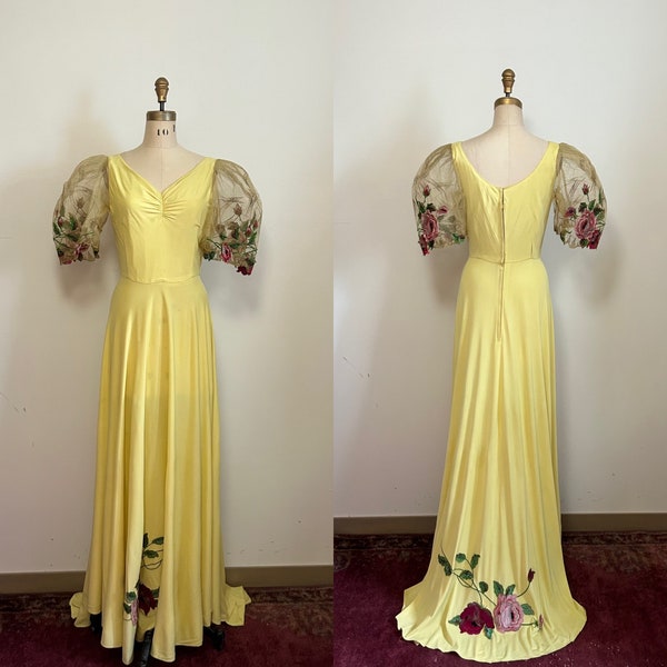 1940s Rayon Jersey RARE Filipiniana Terno Dress with Embroidered Butterfly Sleeves 28" Waist