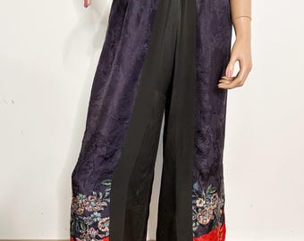 1920s Silk Beach Pajama Pants | 20–28” Waist | Antique Wide Leg Trousers with Embroidered Hem | Two-Tone Black Jacquard Lounge Pants