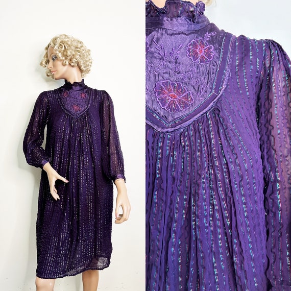 1970s Metallic Indian Cotton Dress Size Small - image 2