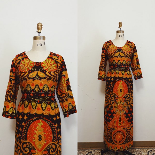 Robe longue en coton batik des années 1960 taille moyenne/grande