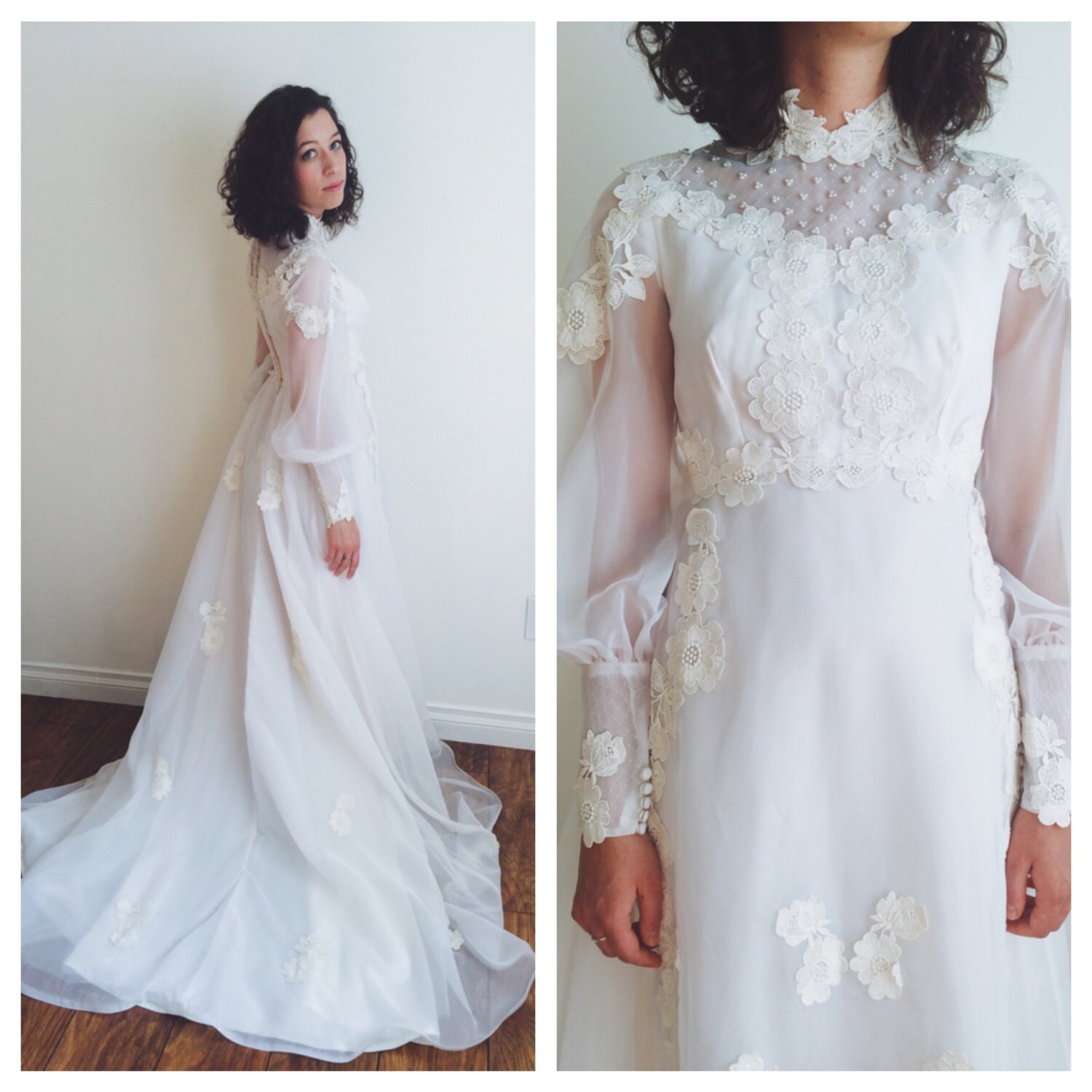 1960s Vintage Wedding Dress with Applique Flowers Size Small