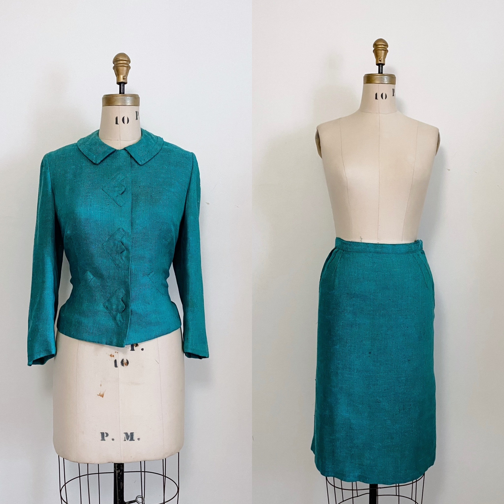 1960s Atomic Turquoise Tweed Skirt Suit 27” Waist