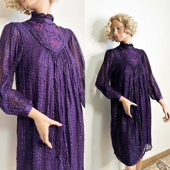 1970s Metallic Indian Cotton Dress Size Small - image 4