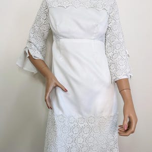 Vintage 1960s Mod Mini Skirt Wedding Dress - White A-Line Shift with Lace Panels, Empire Waist, Bell Sleeves & Satin Bows