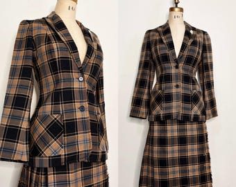 Aljean of Canada Kilt-Rock-Anzug aus karierter Wolle aus den 1970er Jahren | Vintage-Tartan-Blazer- und Rock-Set | Damengröße XS, 66 cm Taille
