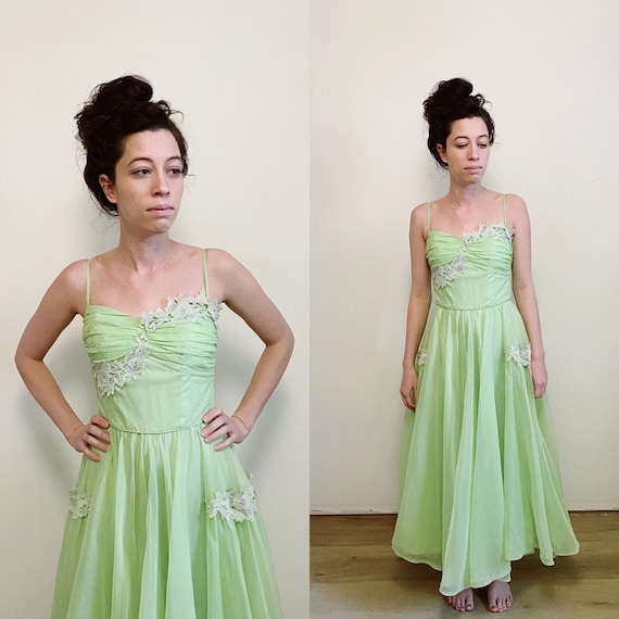 1950s Lime Chiffon and Lime Party Prom Dress