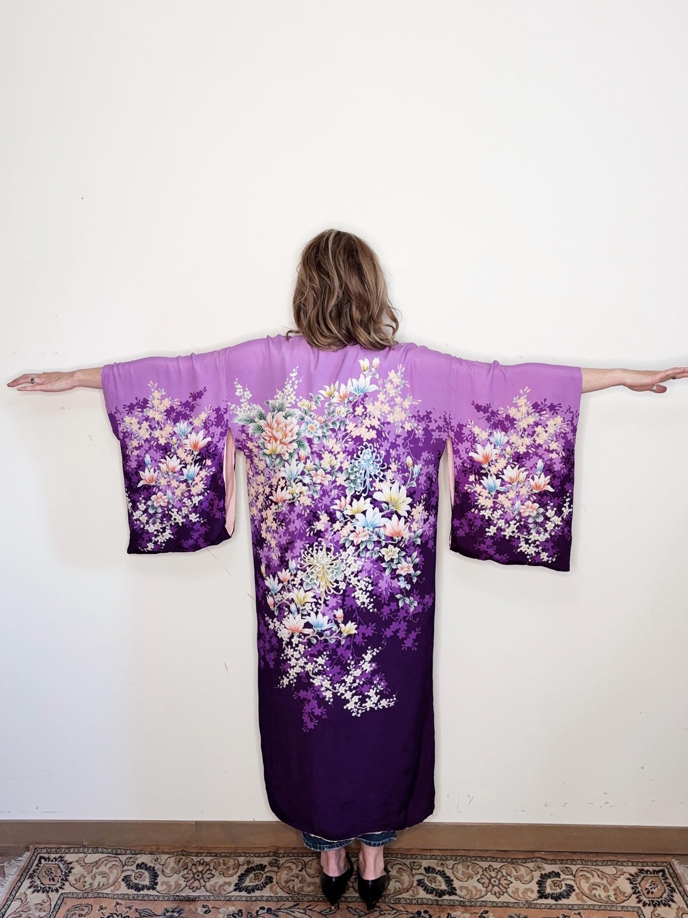 Japan Purple Robe 1930s Reversible Rayon Crepe Kimono Robe Made in Japan Floral Purple ...