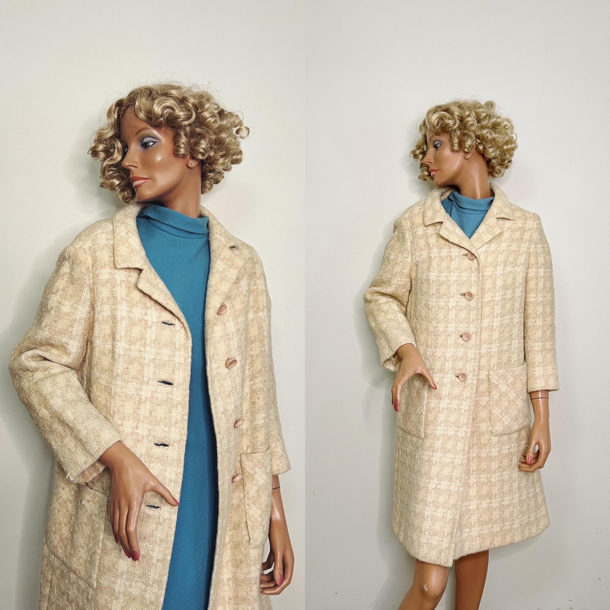 Vintage 1960s Cream Tweed Wool Coat, Silk Lined, Mayfair