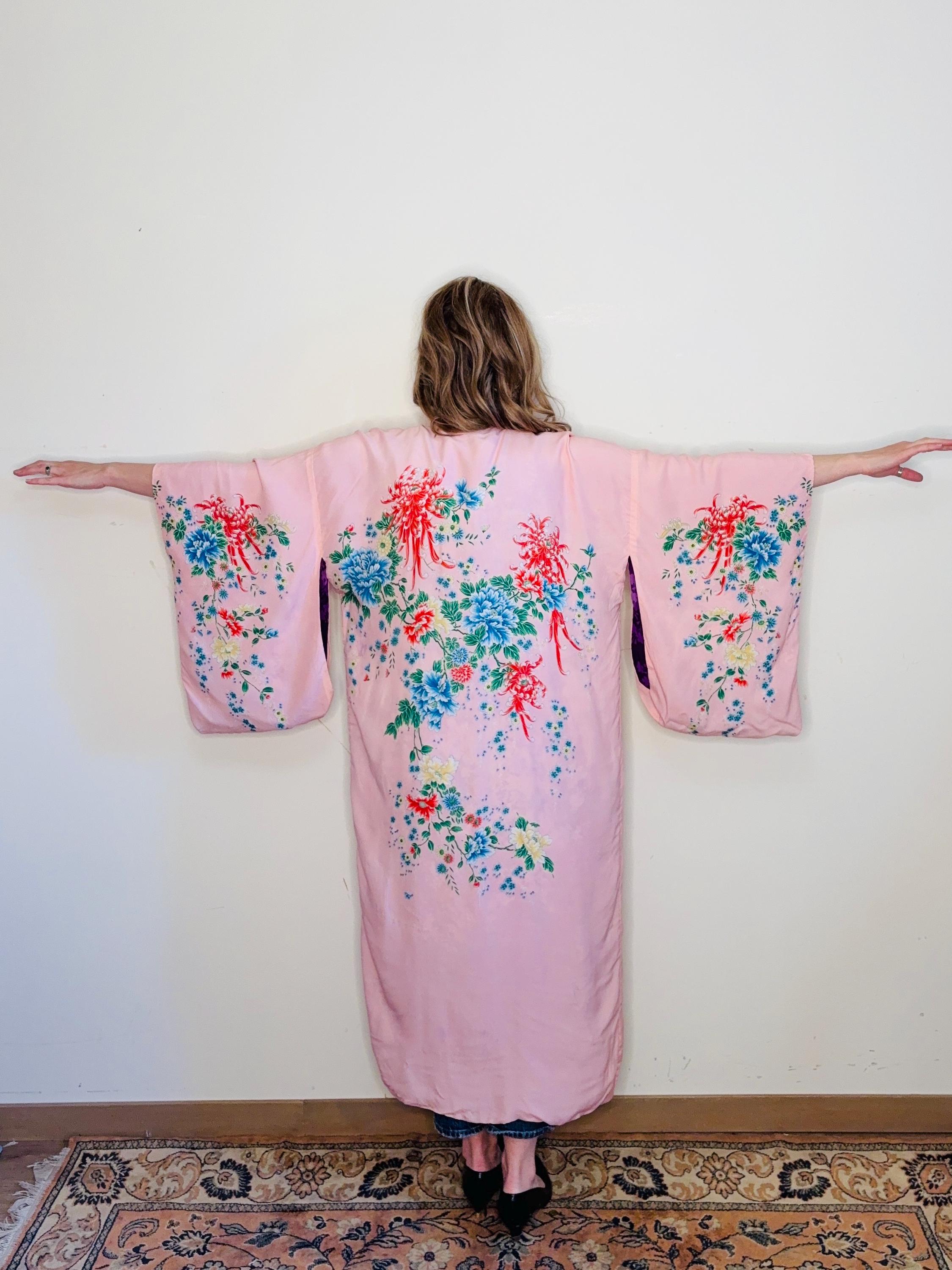 Japan Purple Robe 1930s Reversible Rayon Crepe Kimono Robe Made in Japan Floral Purple ...