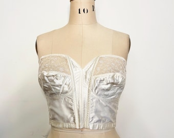 1950s Ivory Satin Longline Bustier Bra | Nature’s Rival Parisian | Vintage Bridal Lingerie | Strapless 38C Lace Corset Top