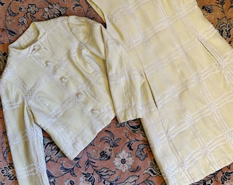 Vintage 1960s Elinor Simmons for Malcolm Starr Silk Blend Dress & Jacket Set |Yellow and White Striped | Celebrity Favorite Size M